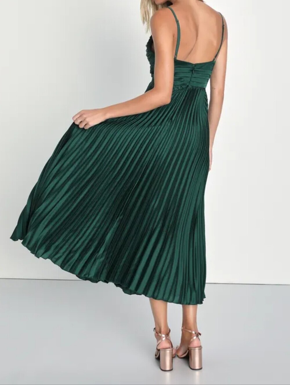 Lulus Fabulous Perfection Emerald Green Satin Pleated Midi Dress - Small - NWT! - Picture 7 of 11